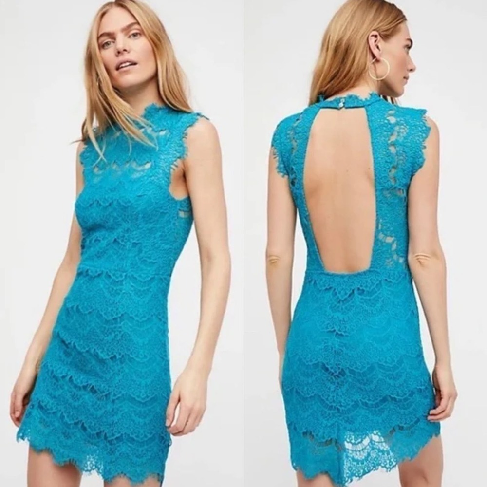 NWT Free People Intimately Free Teal Blue Lace Dress Open Back High Neck M
